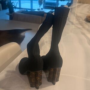 LV Black Sock Booties with Monogram Block Heels